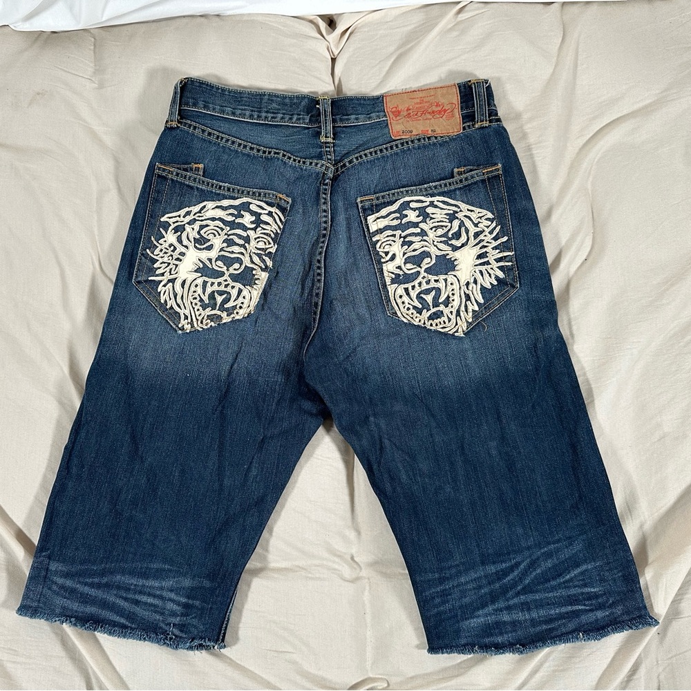 Ed Hardy Tiger Jeans Vintage Y2K Blue Denim Distressed Shorts W32 Jort 13”